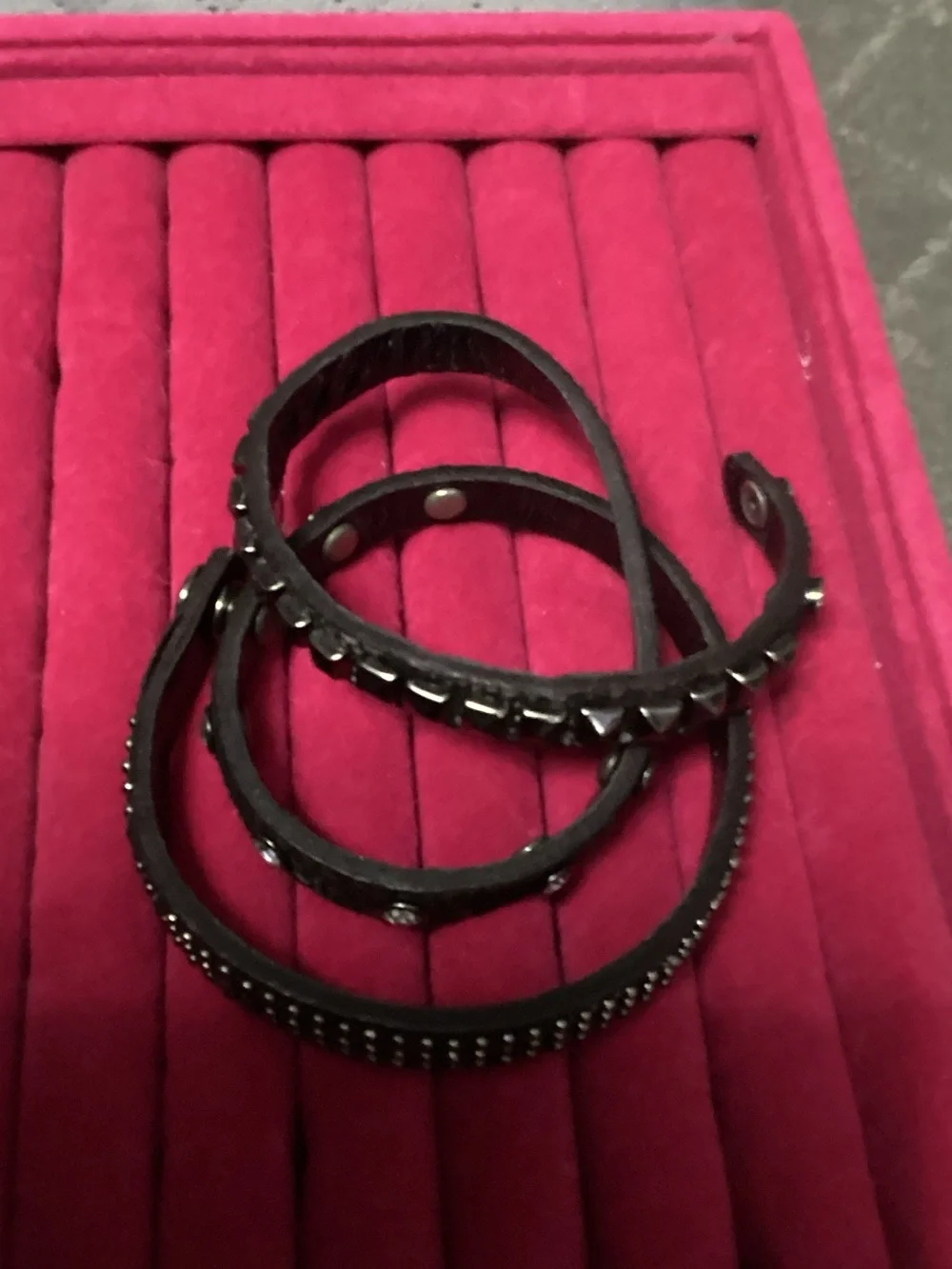 Leather Triple Wrap Bracelet w/Studs & Rhinestones 22”long